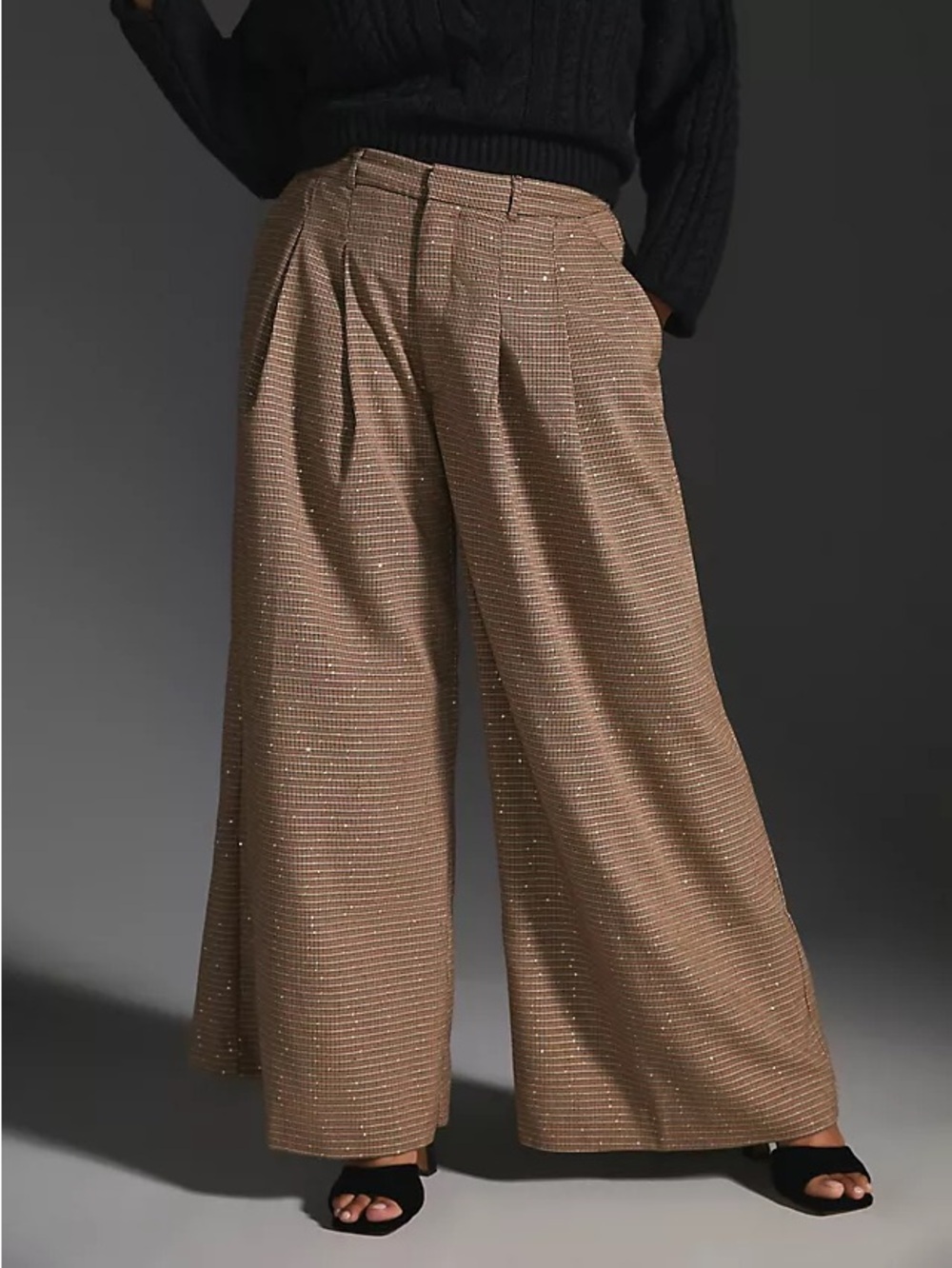 Anthropologie Maeve Pleated High-Waist Trousers Houndstooth W/ Sequin Details